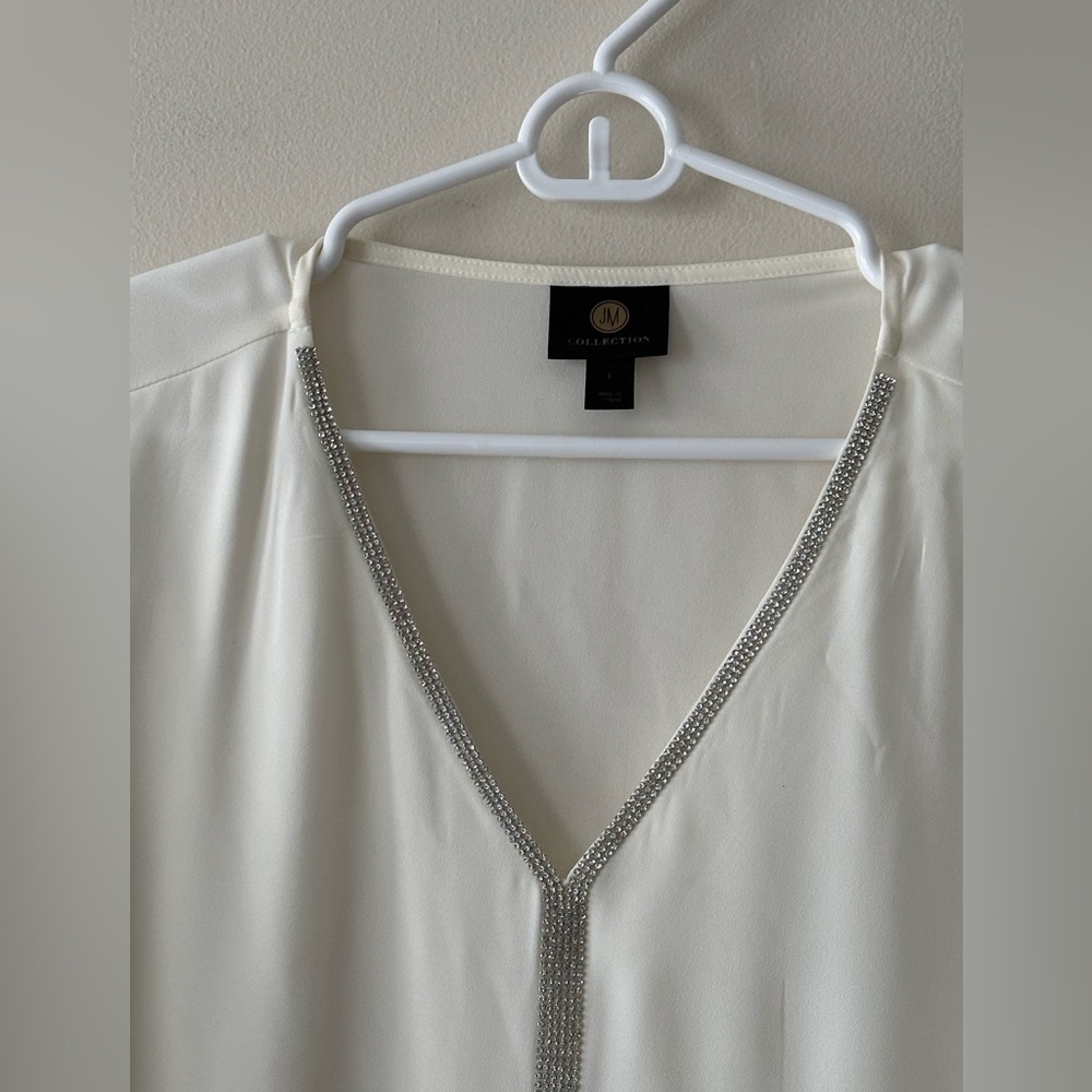 JM Collection Jeweled Tiered-Hem Blouse Ivory Layered Size L - Picture 3 of 9